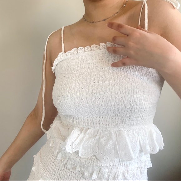 White Ruffle Tiered Flower Eyelet Mini Dress - Picture 1 of 4